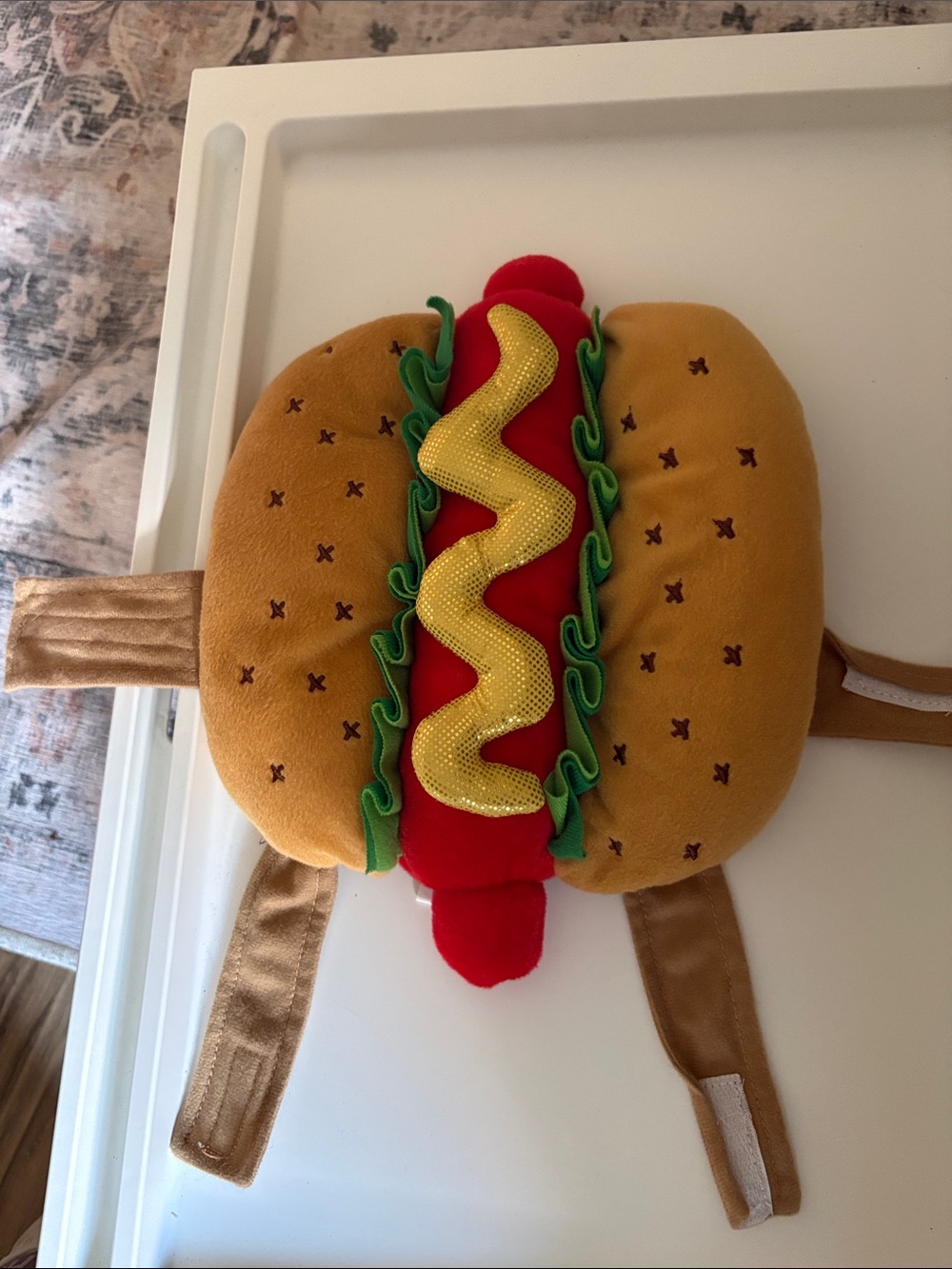 Plush Hot Dog Dog Costume Harness — Brown, Red & Green
